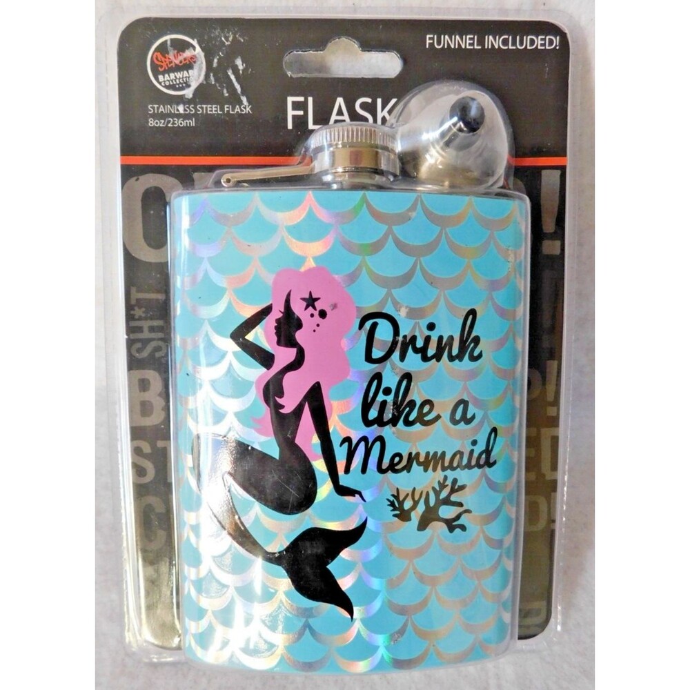 Drink Like a Mermaid 8 Oz Flask Blue Silver Scales Mermaid Pink Hair